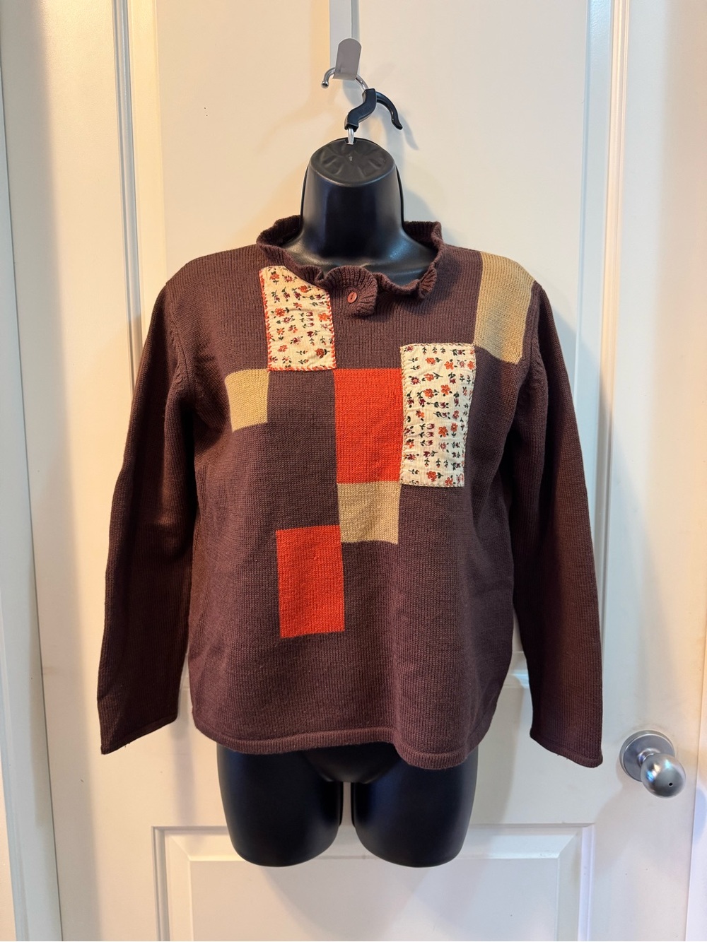 Cannelle Vintage Style Patchwork Wool Blend Sweater Brown Floral Patch M - Picture 7 of 10